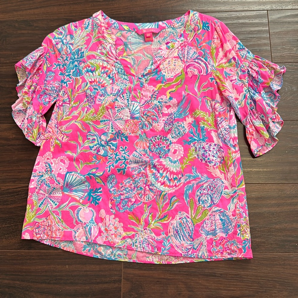 Lilly Pulitzer women’s Quinna hot pink seashell themed‎ ruffled blouse XXS